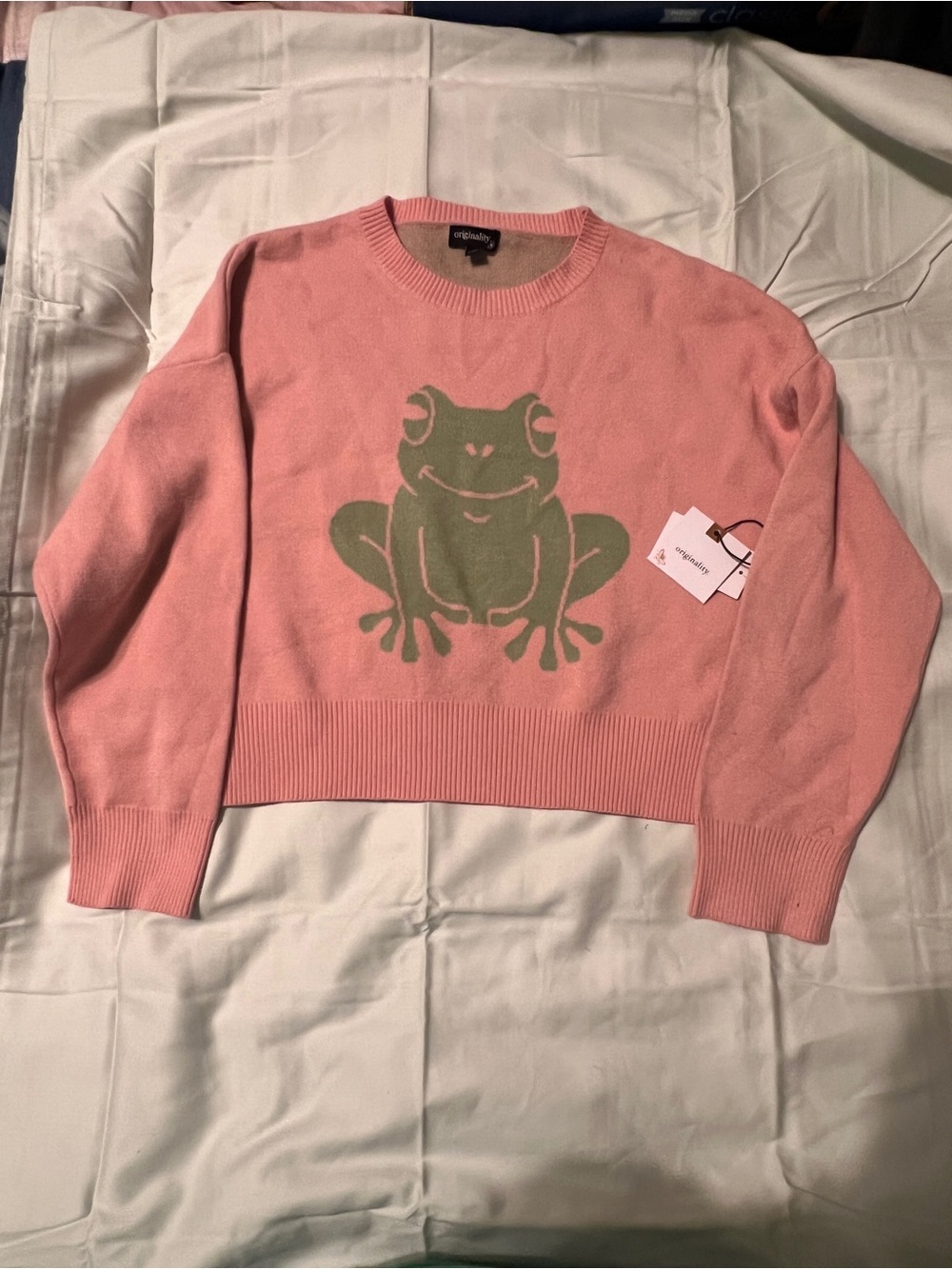 NWT Originality Pink Frog Graphic Sweater Size Small Cottagecore